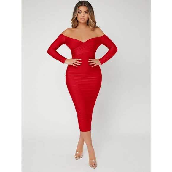 Off Shoulder long sleeve Bodycon midi Dress black - Picture 7 of 8